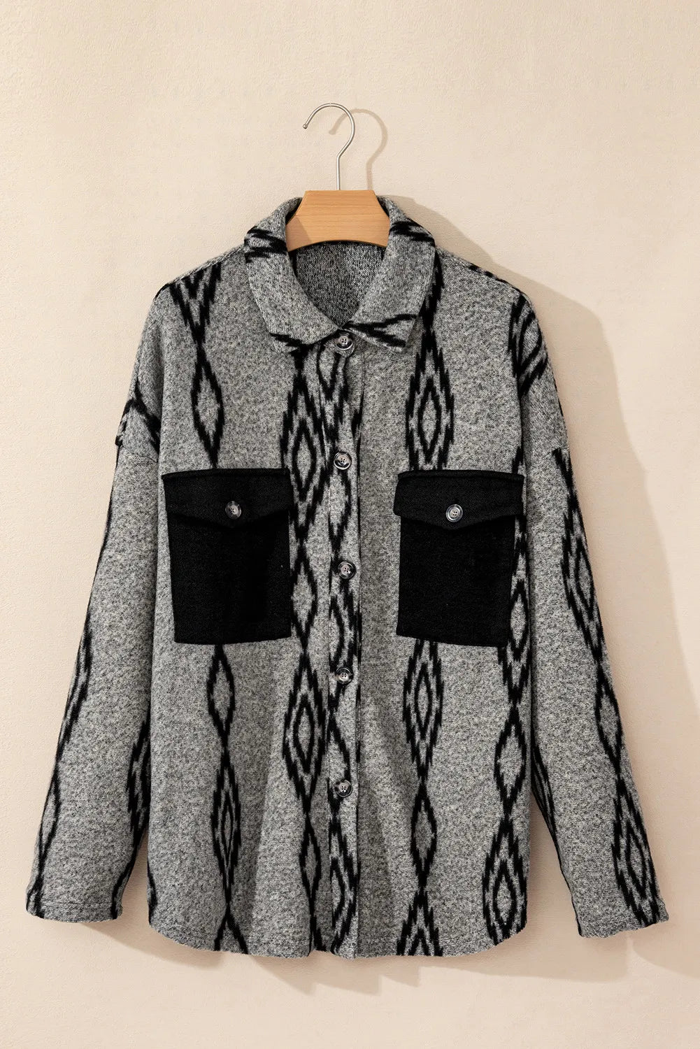 Pocketed Geometric Collared Neck Button Down Shacket-Angel Casuals