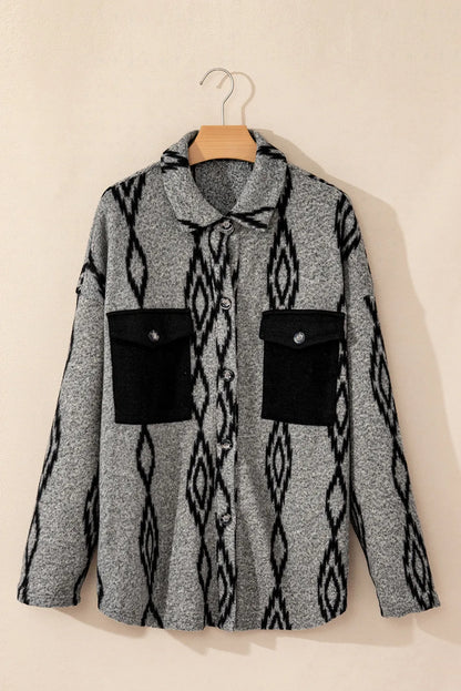 Pocketed Geometric Collared Neck Button Down Shacket-Angel Casuals