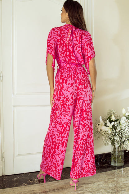 Printed Mock Neck Kimono Sleeve Jumpsuit-Angel Casuals