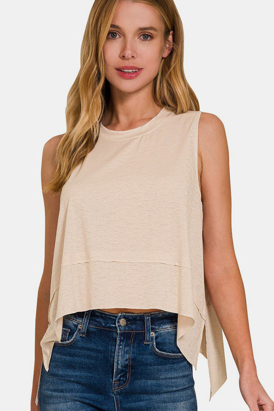 Zenana Exposed Seam Slit Round Neck Tank-Angel Casuals