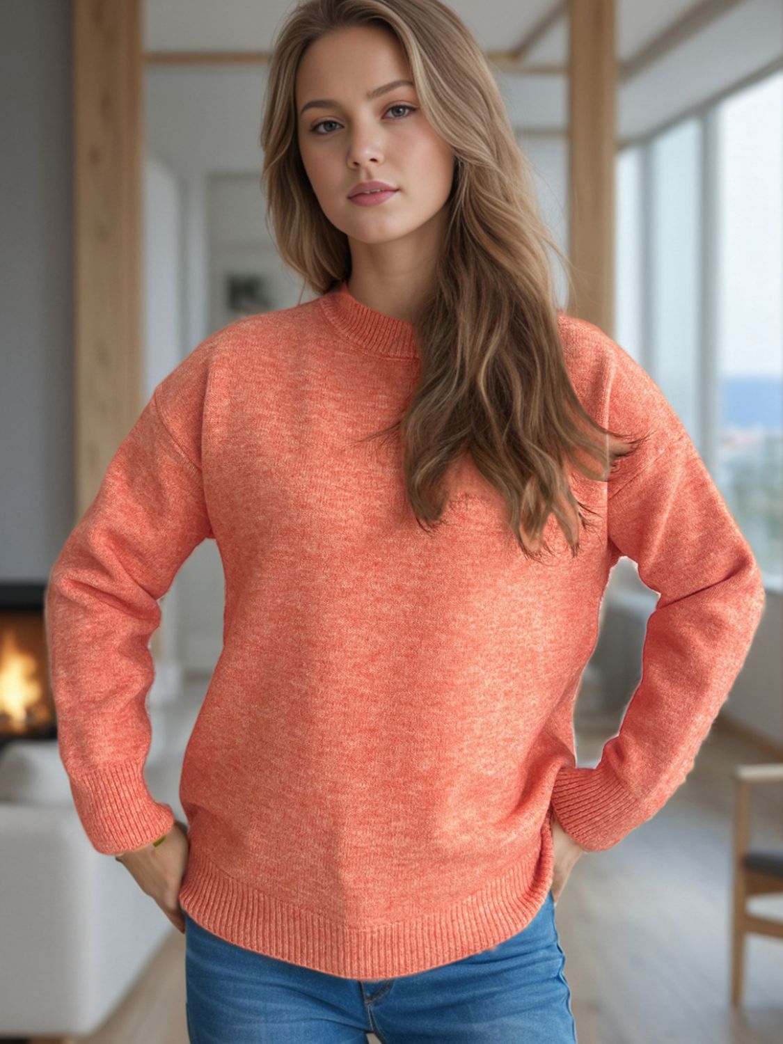 Round Neck Drop Shoulder Long Sleeve Sweater-Angel Casuals