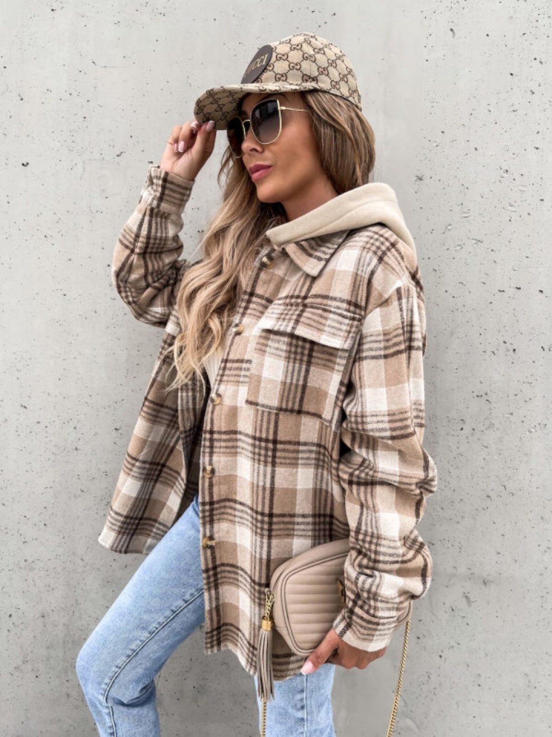 Plaid Dropped Shoulder Hooded Jacket-Angel Casuals