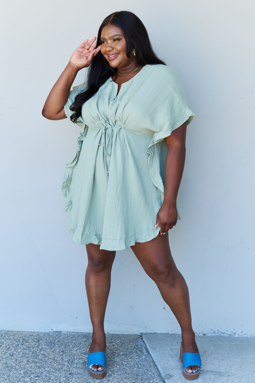 Ninexis Out Of Time Full Size Ruffle Hem Dress with Drawstring Waistband in Light Sage-Angel Casuals