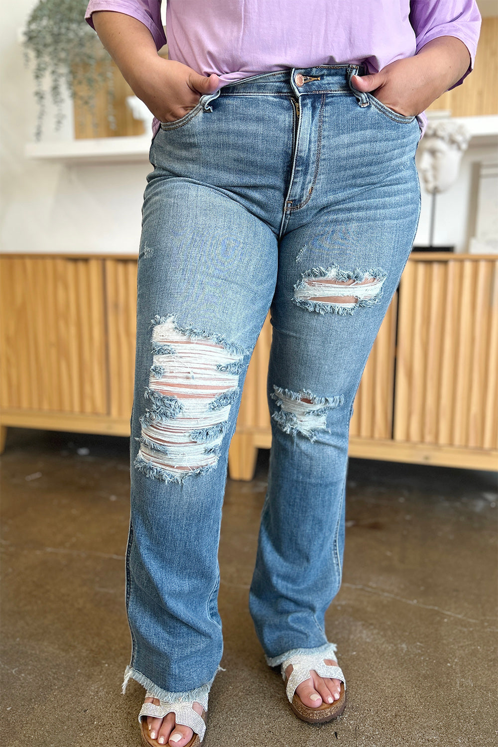 Judy Blue Full Size Distressed Raw Hem Bootcut Jeans-Angel Casuals