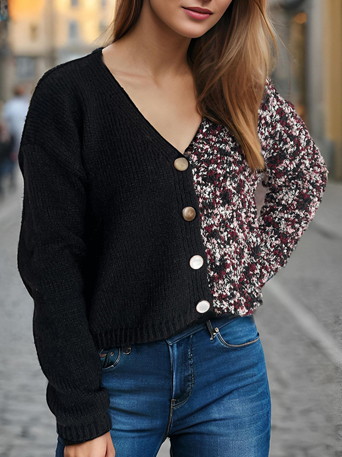 Contrast Button Up V-Neck Cropped Cardigan-Angel Casuals