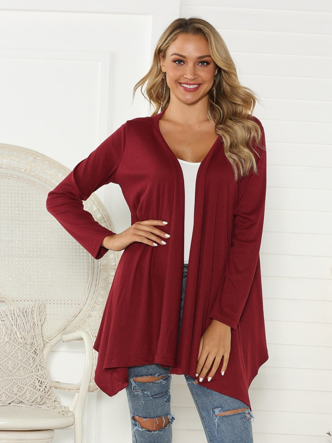 Shiny Floral Open Front Long Sleeve Cardigan-Angel Casuals