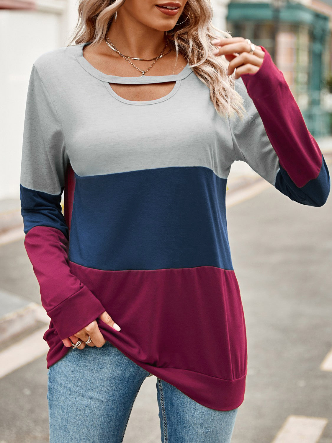 Color Block Cutout Round Neck Long Sleeve T-Shirt-Angel Casuals