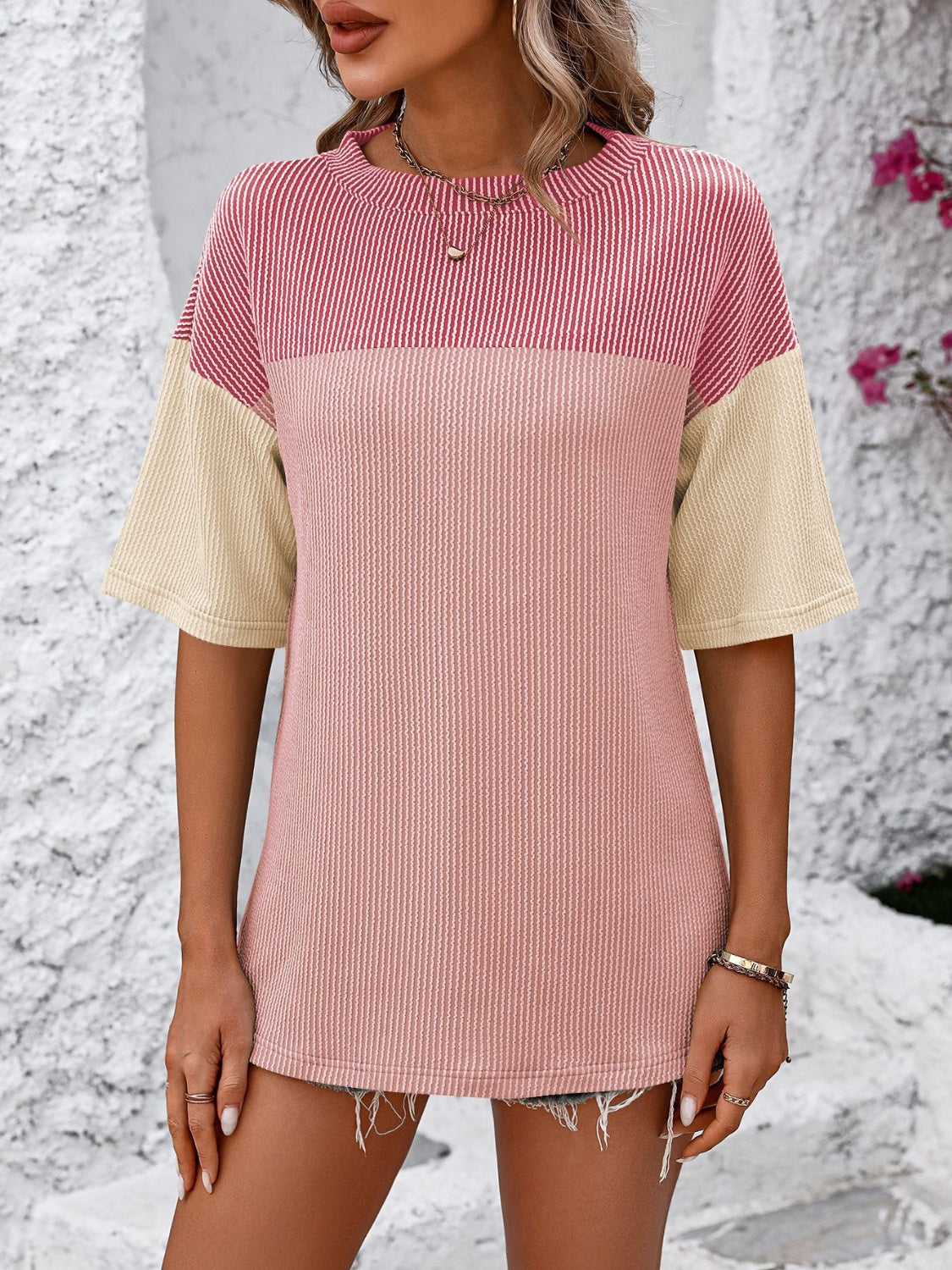 Color Block Round Neck Half Sleeve T-Shirt-Angel Casuals