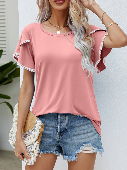 Pom-Pom Trim Flutter Sleeve Round Neck Tee-Angel Casuals