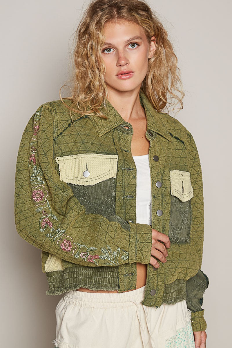 POL Embroidered Sleeve Raw Edge Quilted Jacket-Angel Casuals