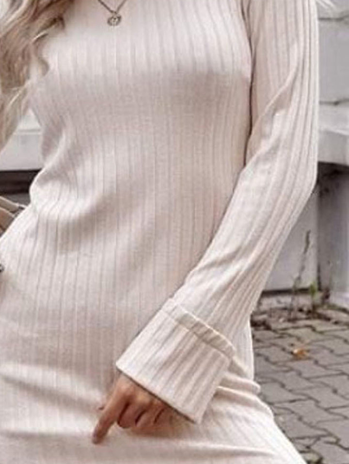 Ribbed Round Neck Long Sleeve Dress-Angel Casuals