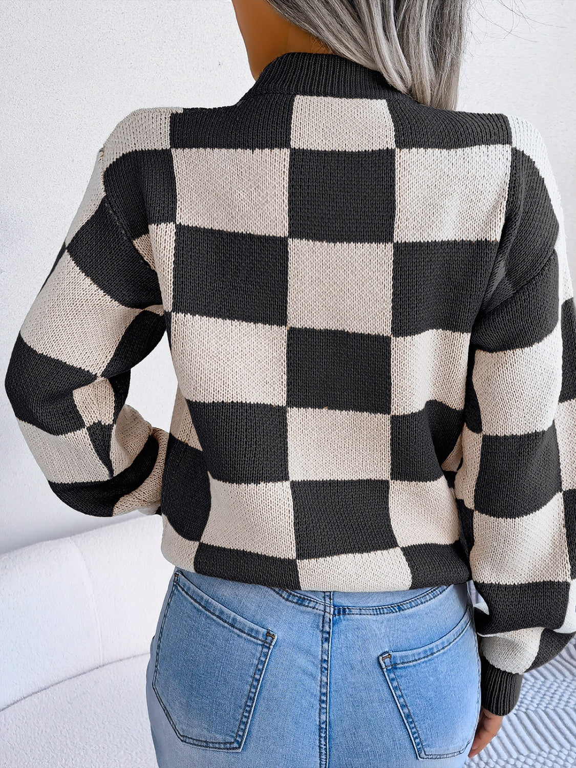 Checkered Mock Neck Long Sleeve Sweater-Angel Casuals