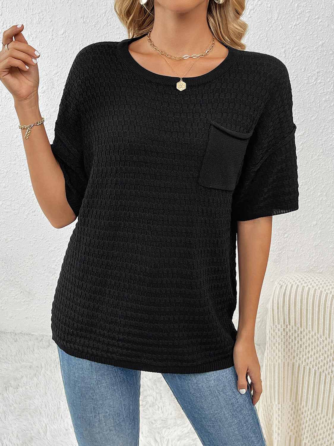 Round Neck Half Sleeve Knit Top-Angel Casuals