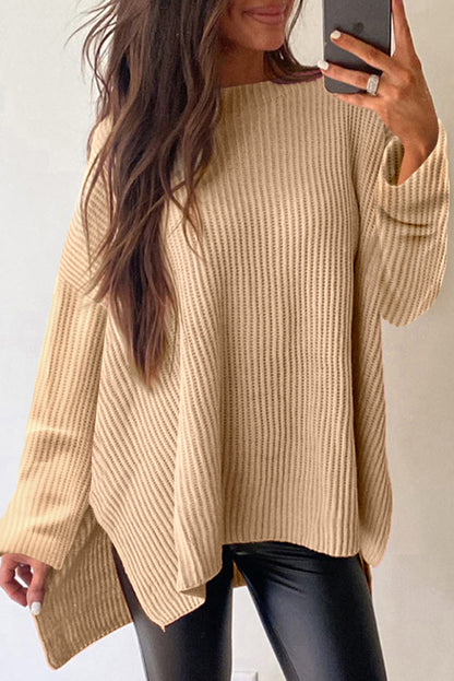 Side Slit Round Neck Long Sleeve Sweater-Angel Casuals