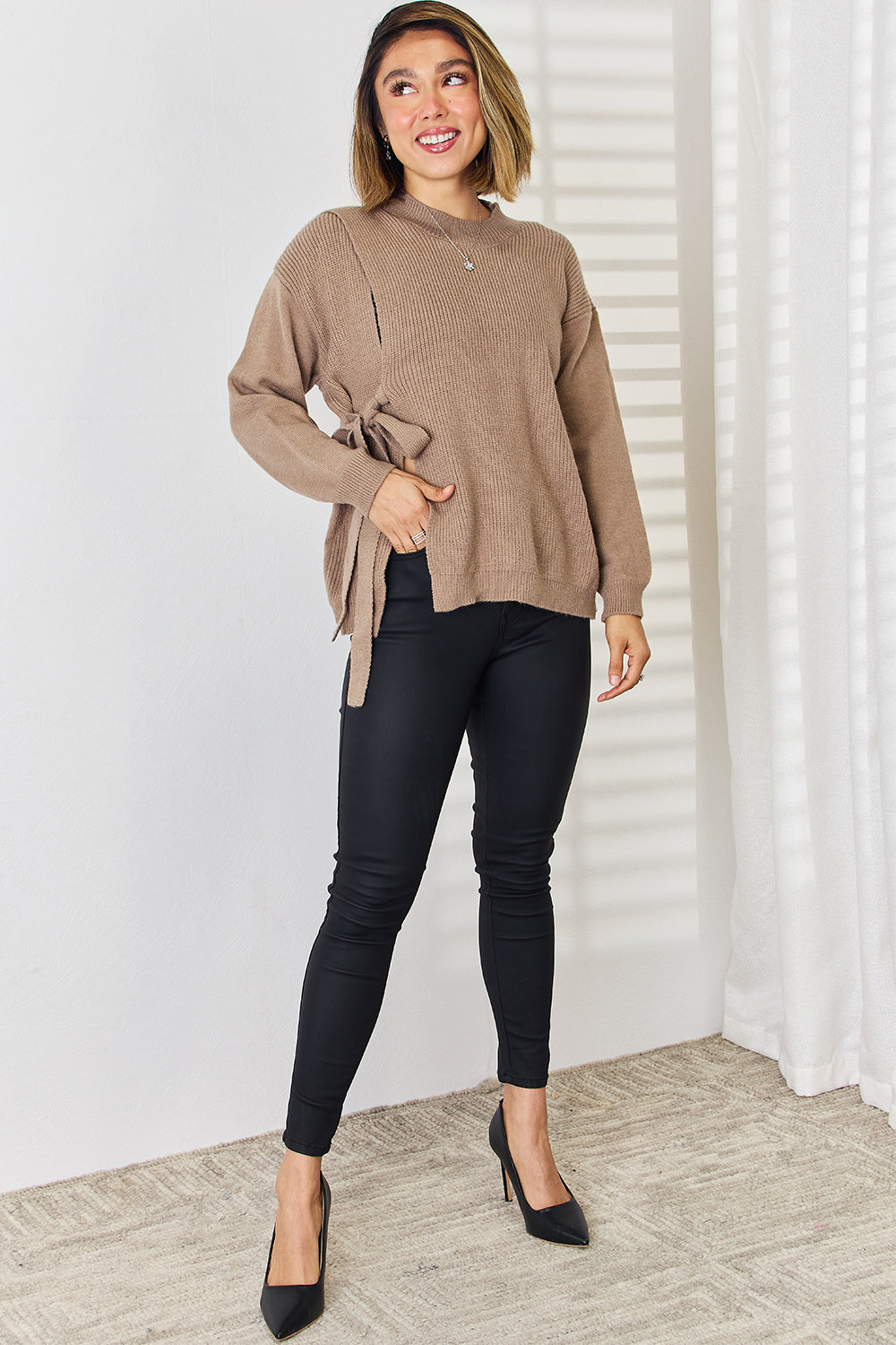 Slit Tied Dropped Shoulder Sweater-Angel Casuals