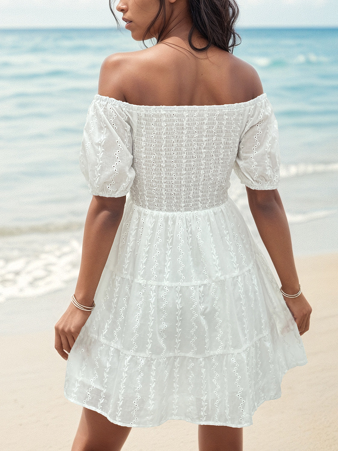 Smocked Eyelet Off-Shoulder Mini Dress-Angel Casuals