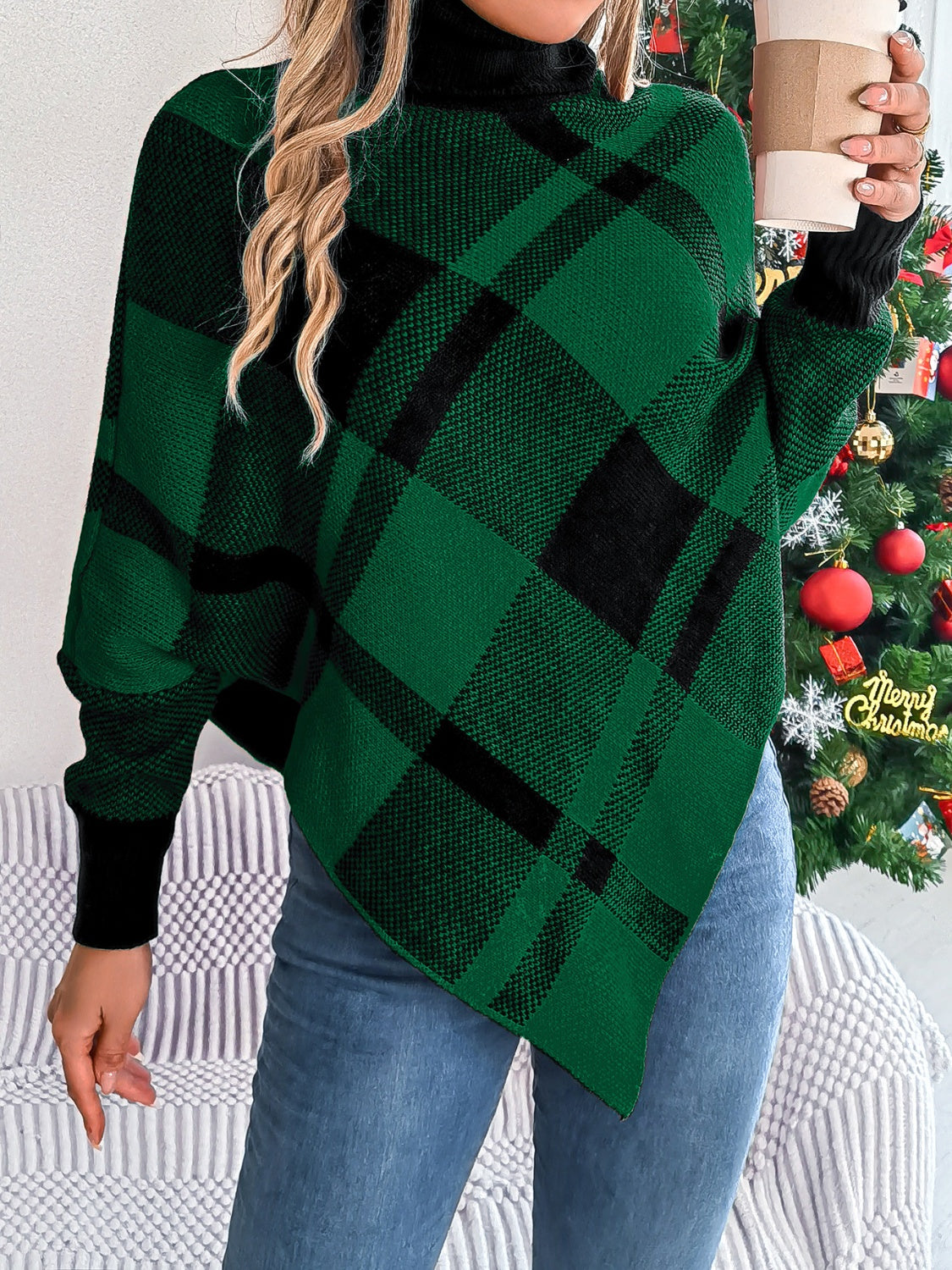 Plaid Turtleneck Batwing Sleeve Sweater-Angel Casuals