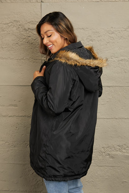 Faux Fur Trim Hooded Puffer Jacket-Angel Casuals