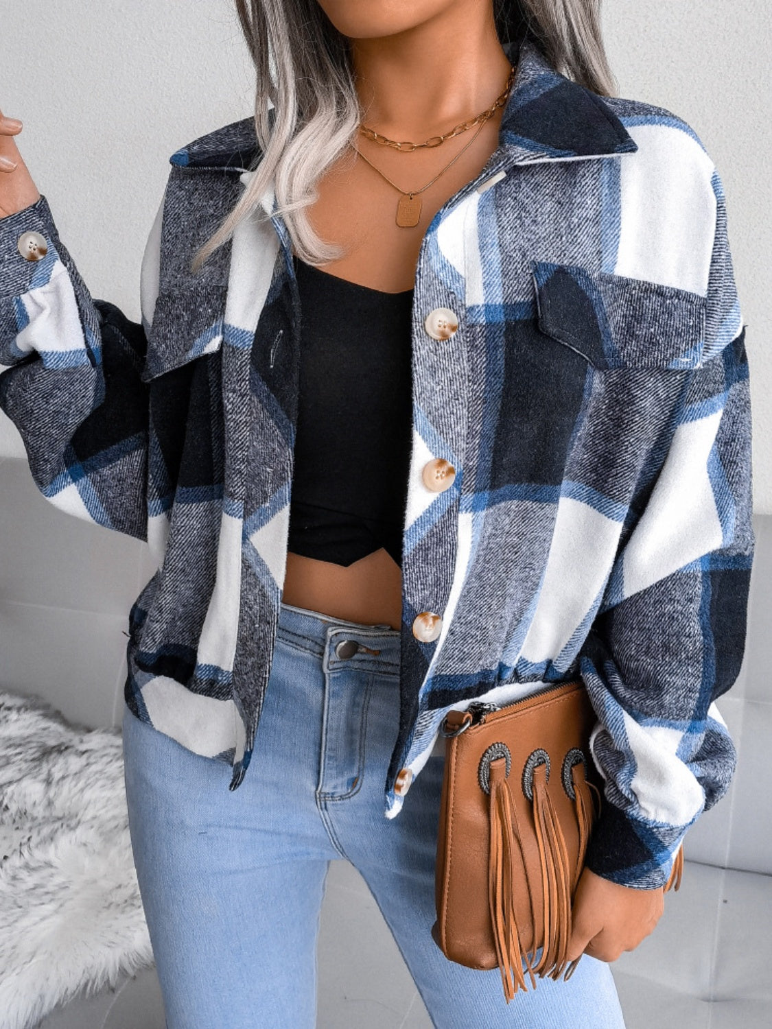 Plaid Collared Neck Long Sleeve Jacket-Angel Casuals