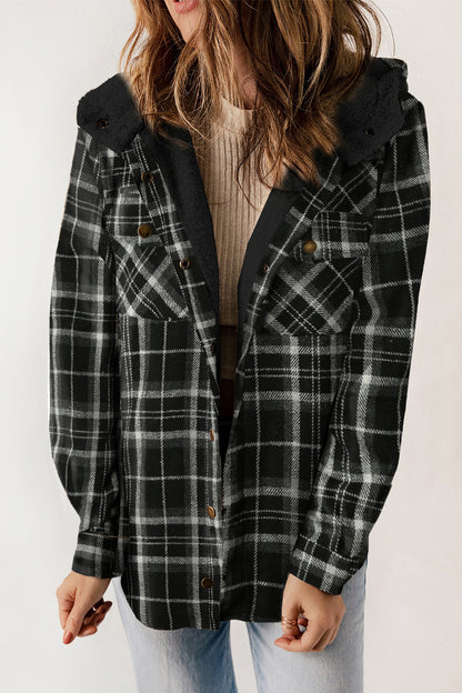 Plaid Snap Down Hooded Jacket-Angel Casuals