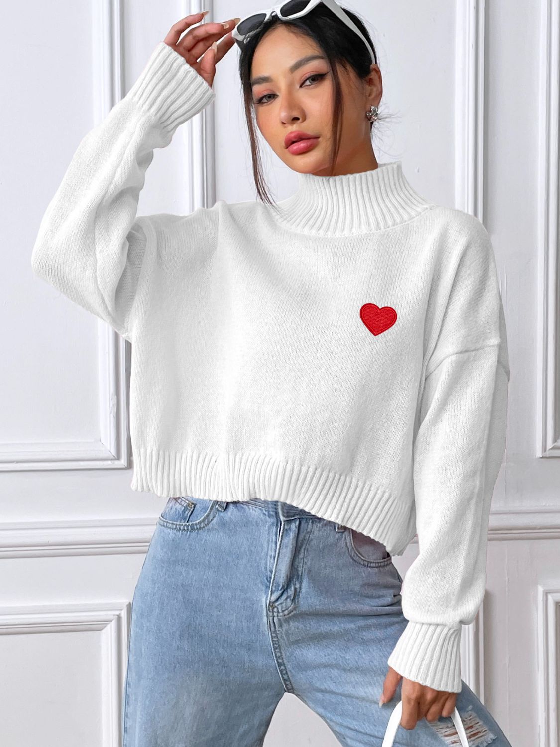 Heart Turtleneck Long Sleeve Sweater-Angel Casuals