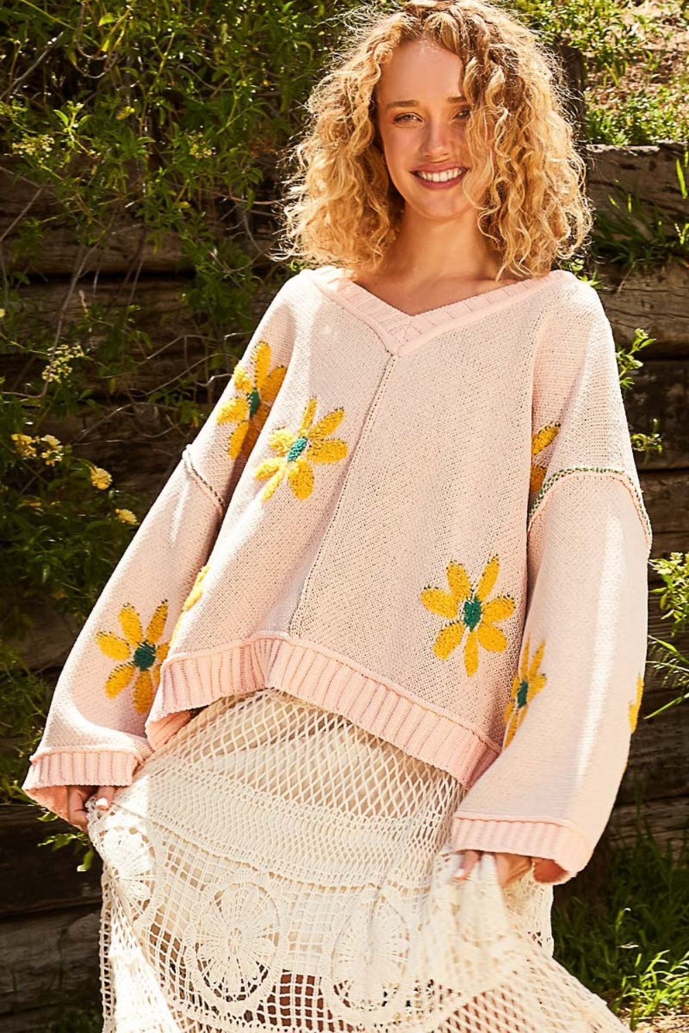 POL V-Neck Floral Pattern Chenille Sweater-Angel Casuals