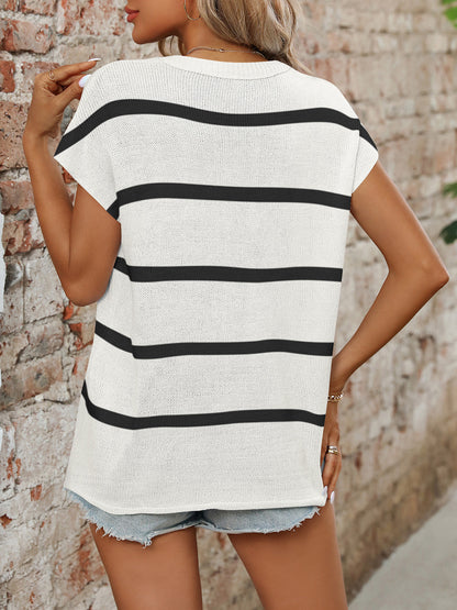 Mandy Striped Round Neck Short Sleeve Knit Top-Angel Casuals