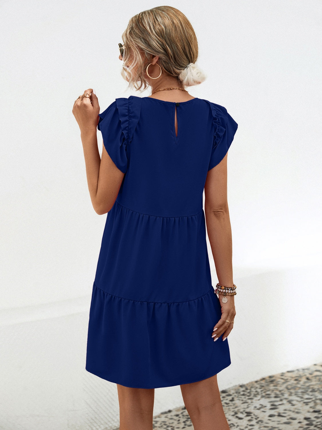 Ruffled Round Neck Cap Sleeve Mini Dress-Angel Casuals