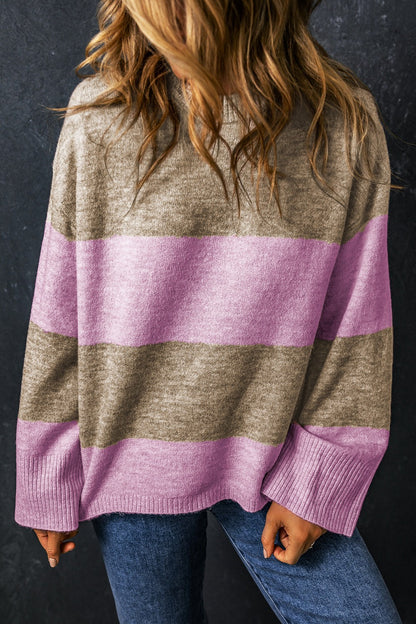 Color Block Round Neck Long Sleeve Sweater-Angel Casuals