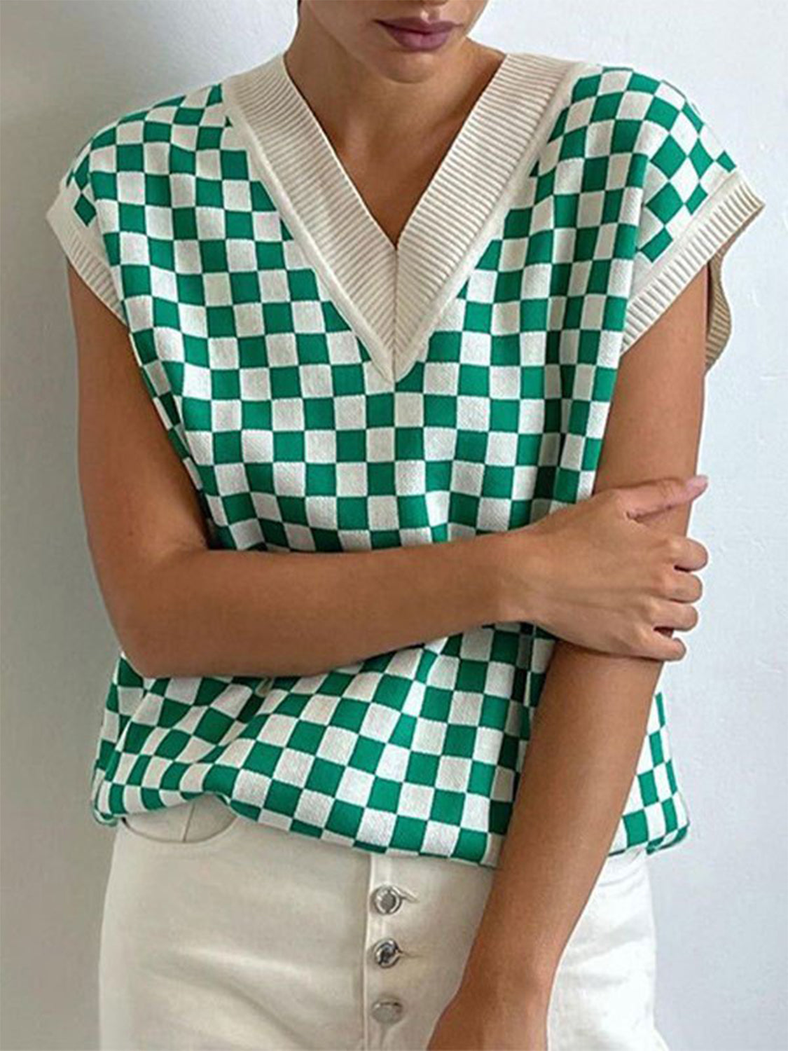 Full Size Checkered V-Neck Cap Sleeve Sweater-Angel Casuals