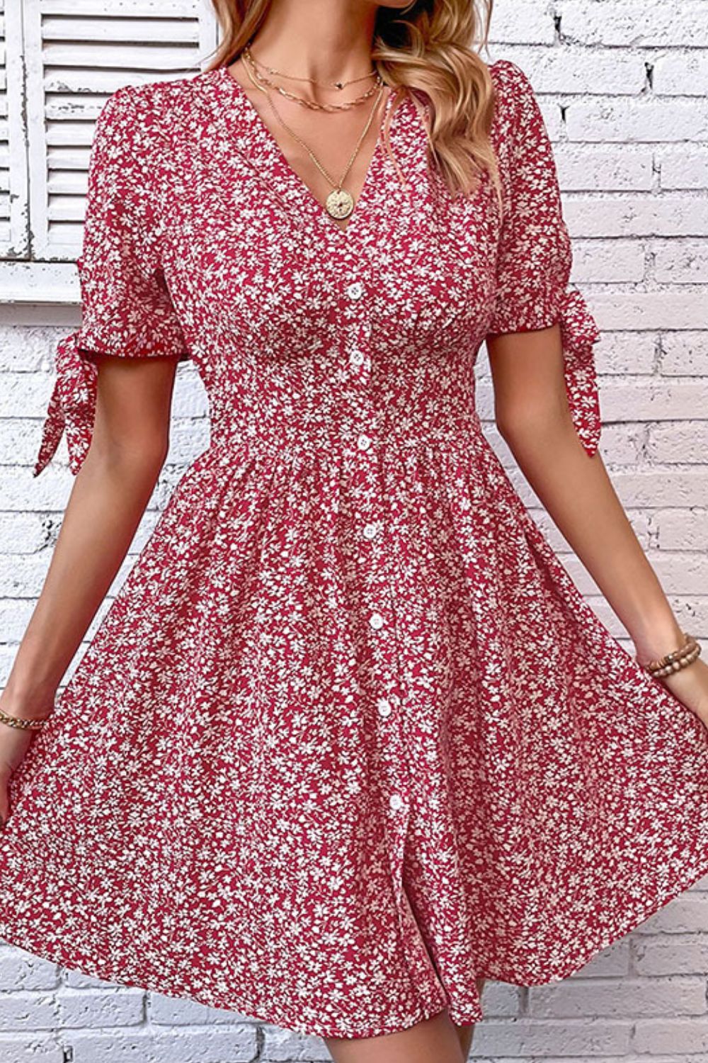 Ditsy Floral Tied Puff Sleeve Button Front Dress-Angel Casuals