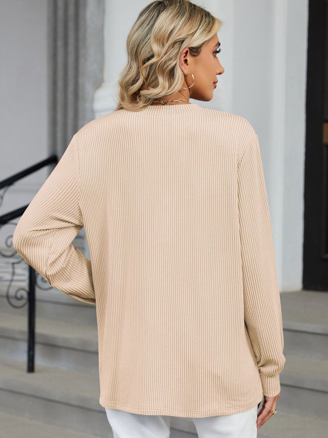 Striped Notched Long Sleeve T-Shirt-Angel Casuals