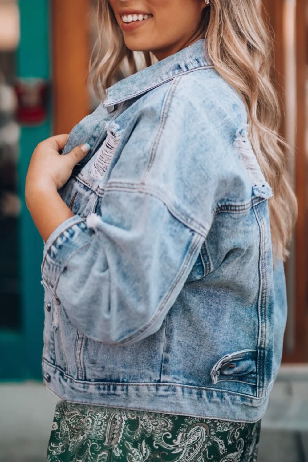 Distressed Drop Shoulder Denim Jacket-Angel Casuals