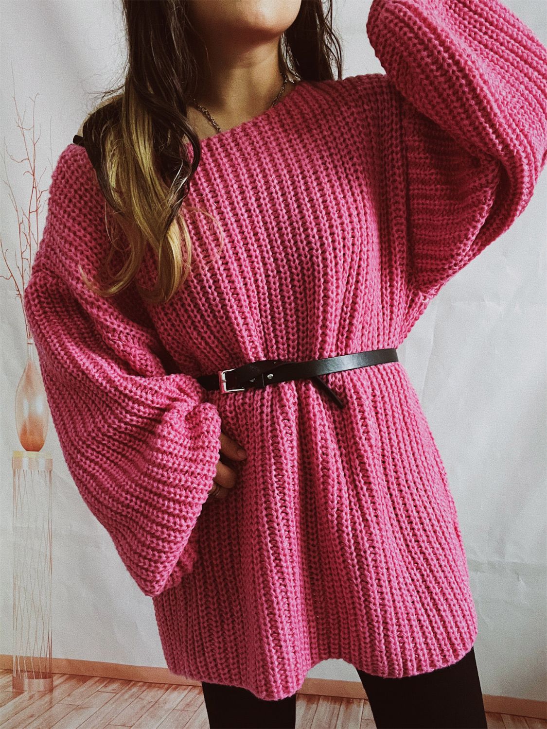 Boat Neck Long Sleeve Sweater with Belt-Angel Casuals