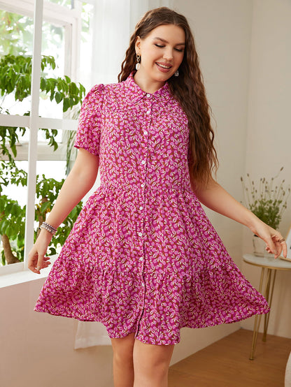 Plus Size Printed Short Sleeve Collared Dress-Angel Casuals