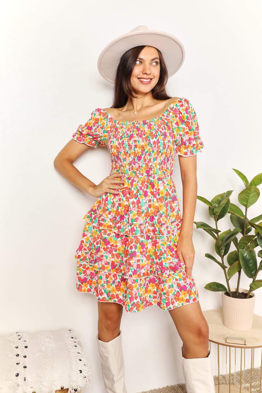 Smocked Sweetheart Neck Flounce Sleeve Mini Dress-Angel Casuals