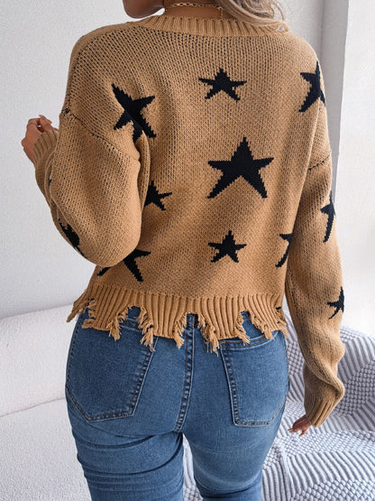 Star Pattern Distressed V-Neck Cropped Sweater-Angel Casuals