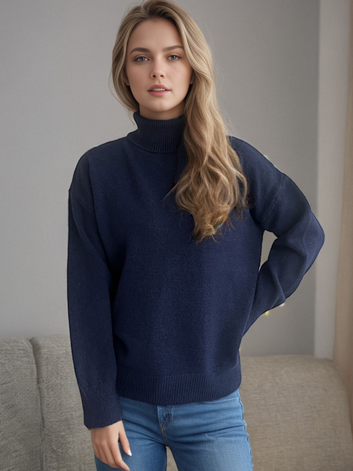 Turtleneck Dropped Shoulder Long Sleeve Sweater-Angel Casuals