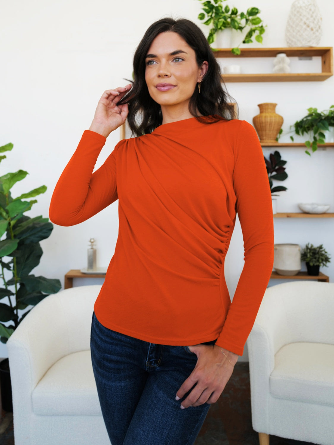 FAM-FAM Ruched Mock Neck Long Sleeve T-Shirt-Angel Casuals