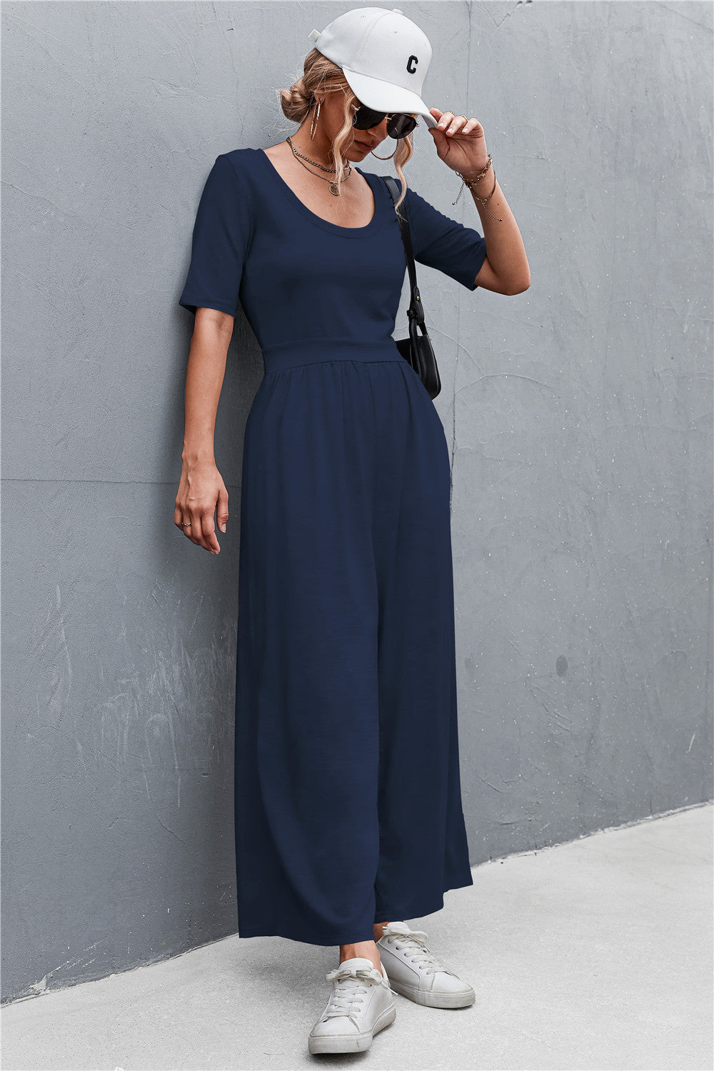 Scoop Neck Half Sleeve Wide Leg Jumpsuit-Angel Casuals