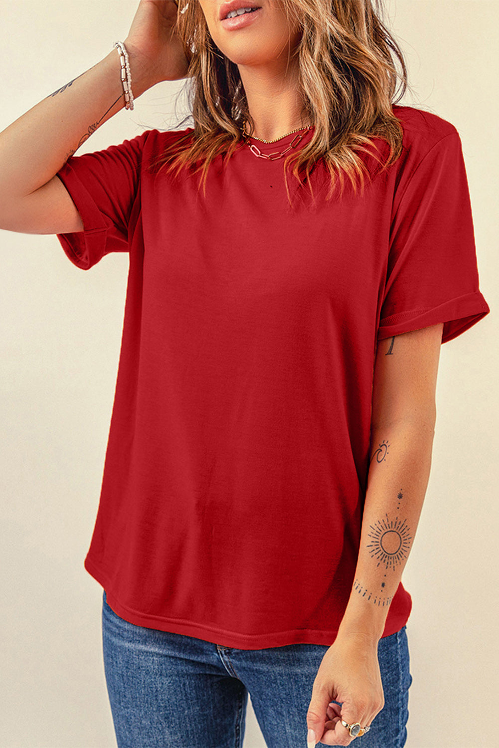 Round Neck Cuffed Short Sleeve Tee-Angel Casuals