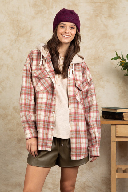 Drawstring Plaid Long Sleeve Hooded Jacket-Angel Casuals