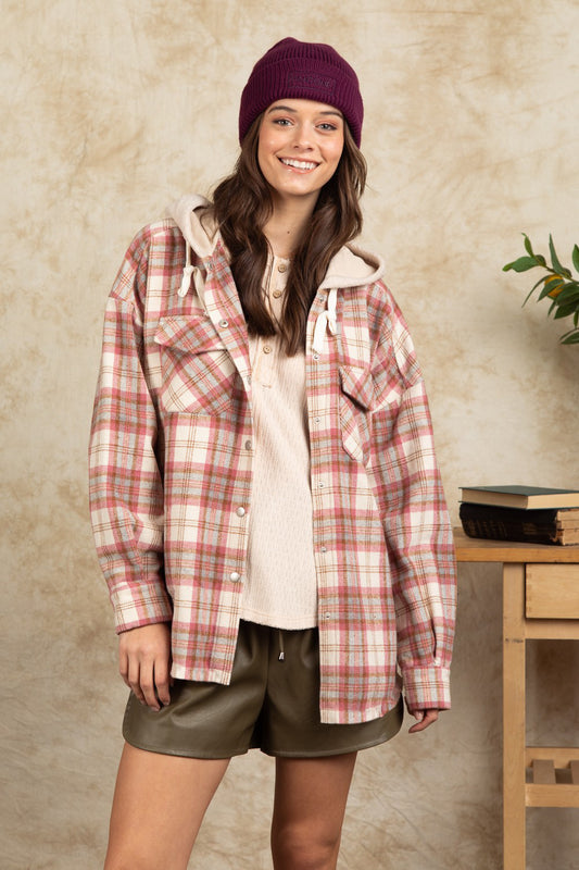 Drawstring Plaid Long Sleeve Hooded Jacket-Angel Casuals