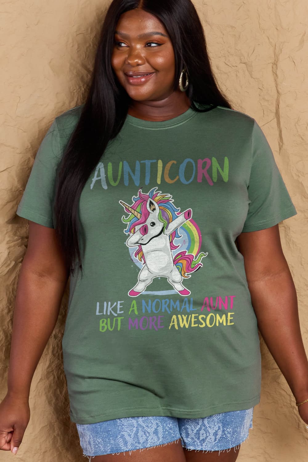 Simply Love Full Size AUNTICORN LIKE A NORMAL AUNT BUT MORE AWESOME Graphic Cotton Tee-Angel Casuals