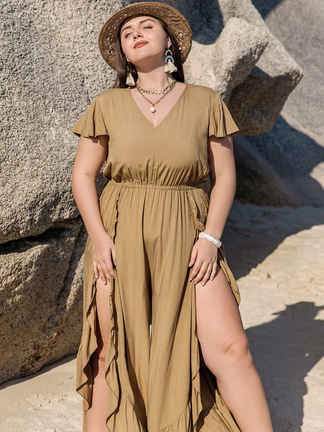 Plus Size Slit Ruffled V-Neck Jumpsuit-Angel Casuals