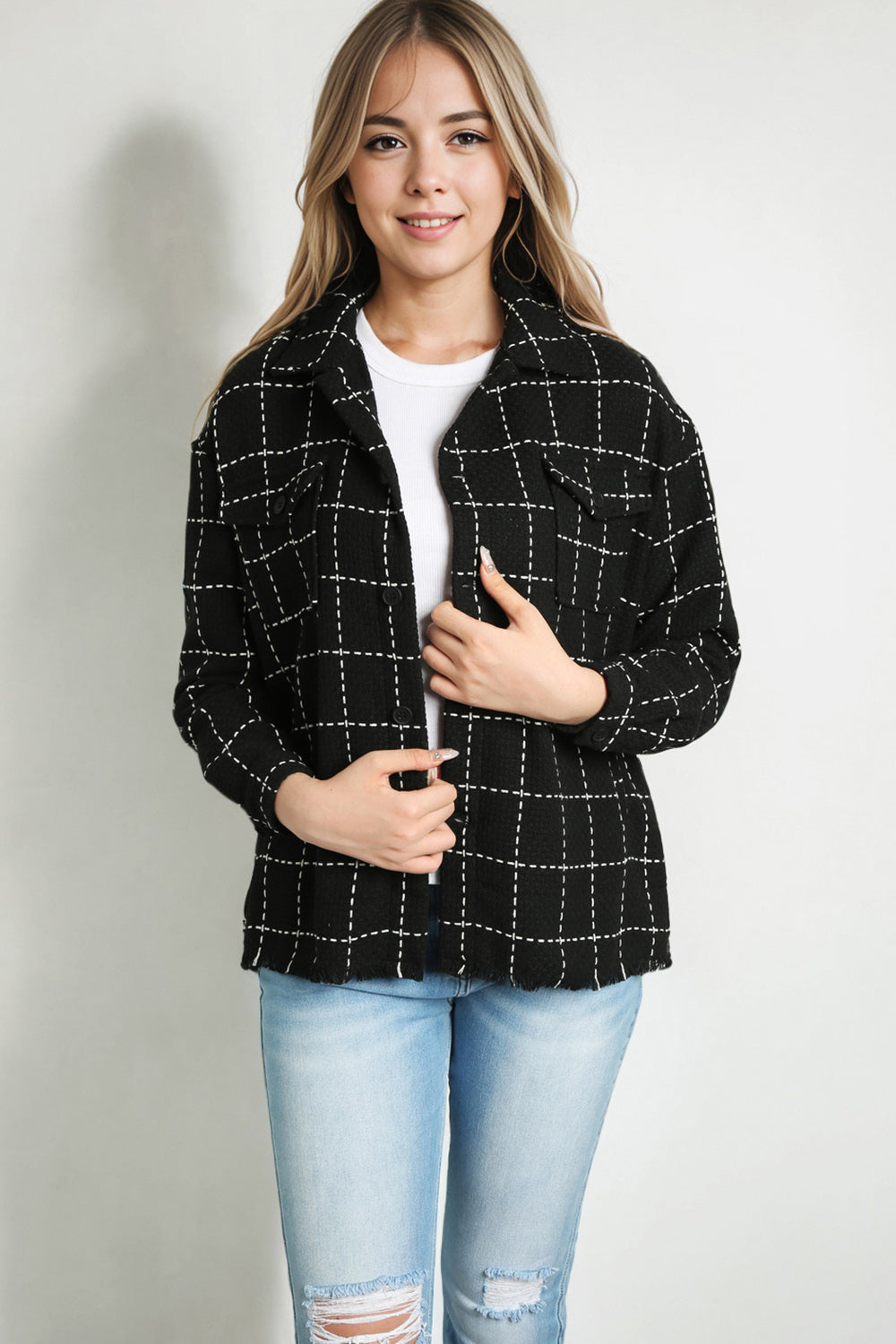 Plaid Raw Hem Jacket with Pockets-Angel Casuals