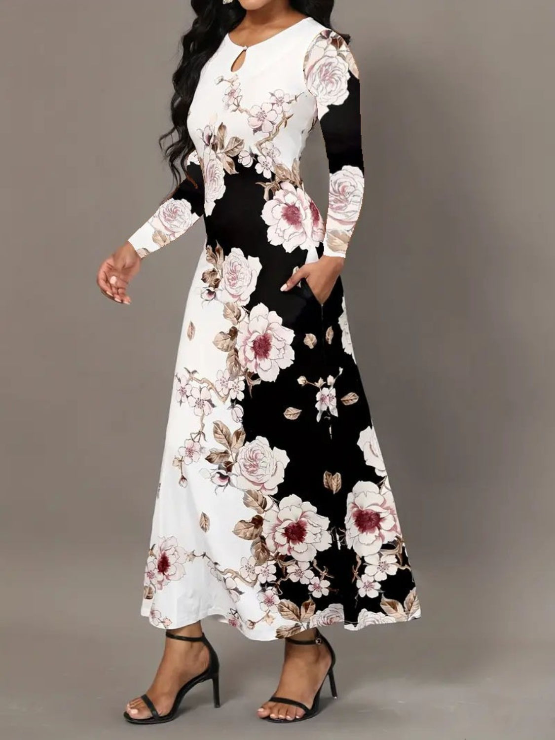 Pocketed Printed Long Sleeve Dress-Angel Casuals