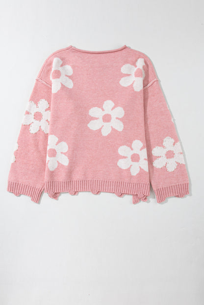 Pearl Trim Flower Round Neck Sweater-Angel Casuals