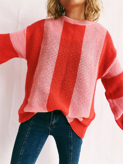 Color Block Round Neck Long Sleeve Sweater-Angel Casuals
