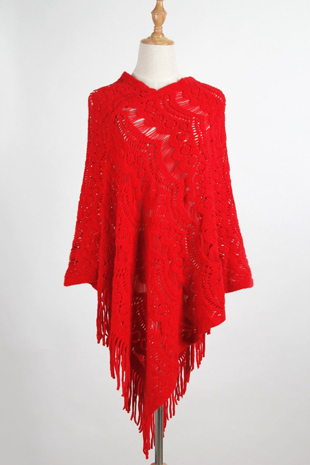 Fringe Openwork Surplice Cape Sleeve Poncho-Angel Casuals